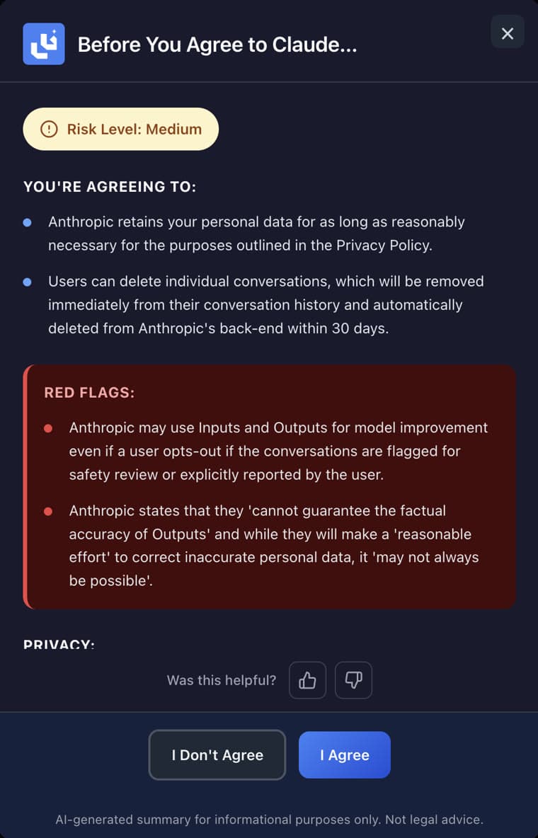 AgreeGuard result: Risk Level Medium, with the red flags in plain words