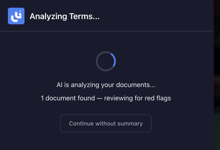 AgreeGuard: Analyzing Terms, 1 document found, reviewing for red flags