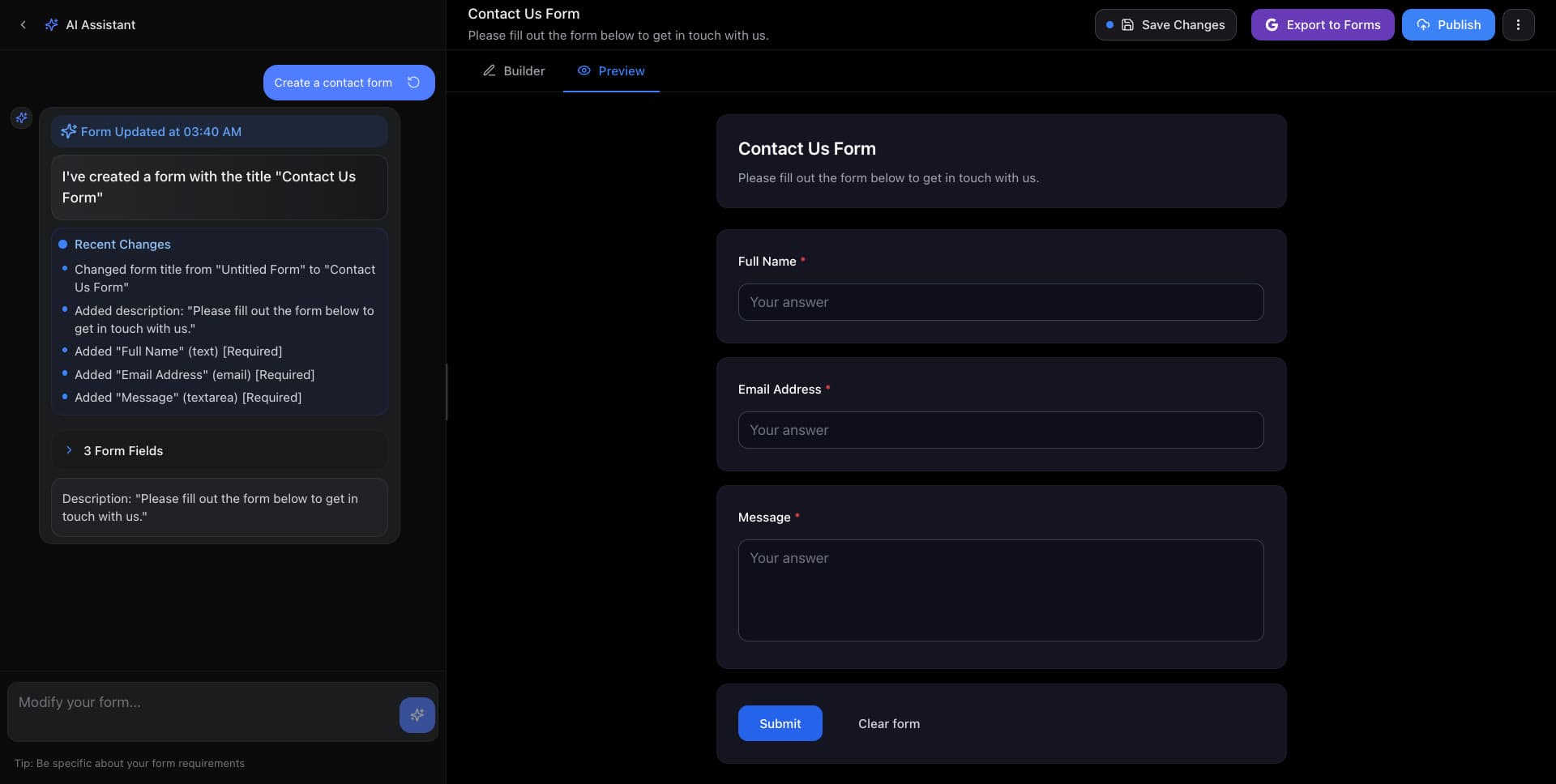 The Fillture editor: the AI assistant beside the finished form, with Export to Forms