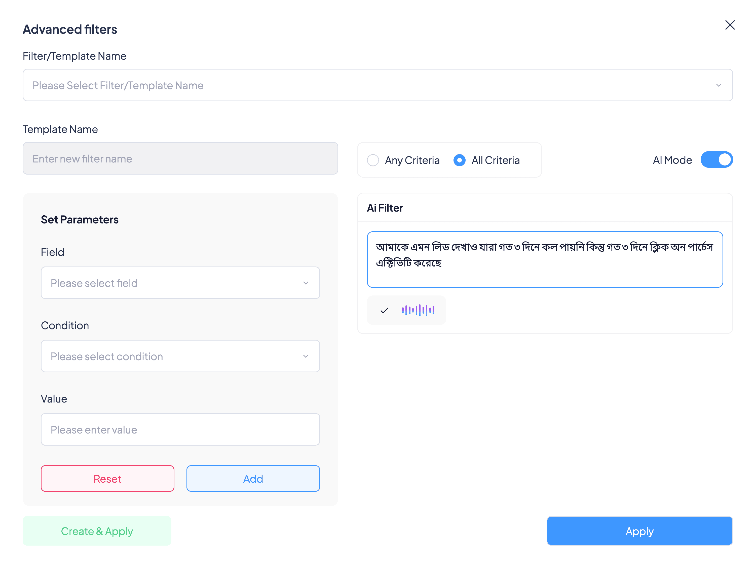 Advanced filters with AI Mode on: a Bangla request typed into the AI Filter box, next to the manual field, condition and value builder