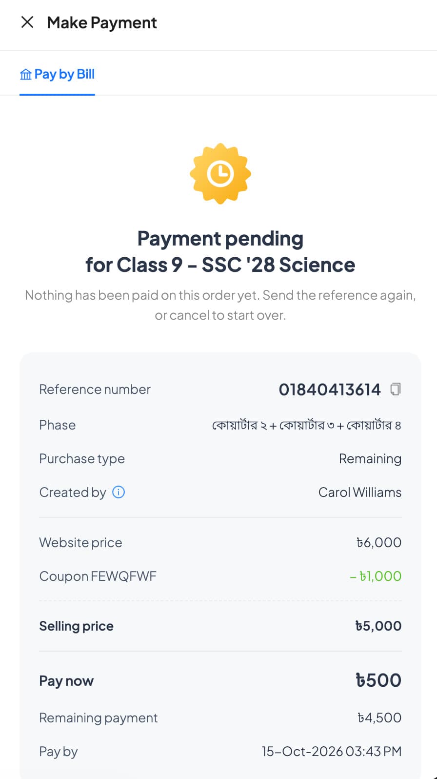 Pay Bill: Payment pending