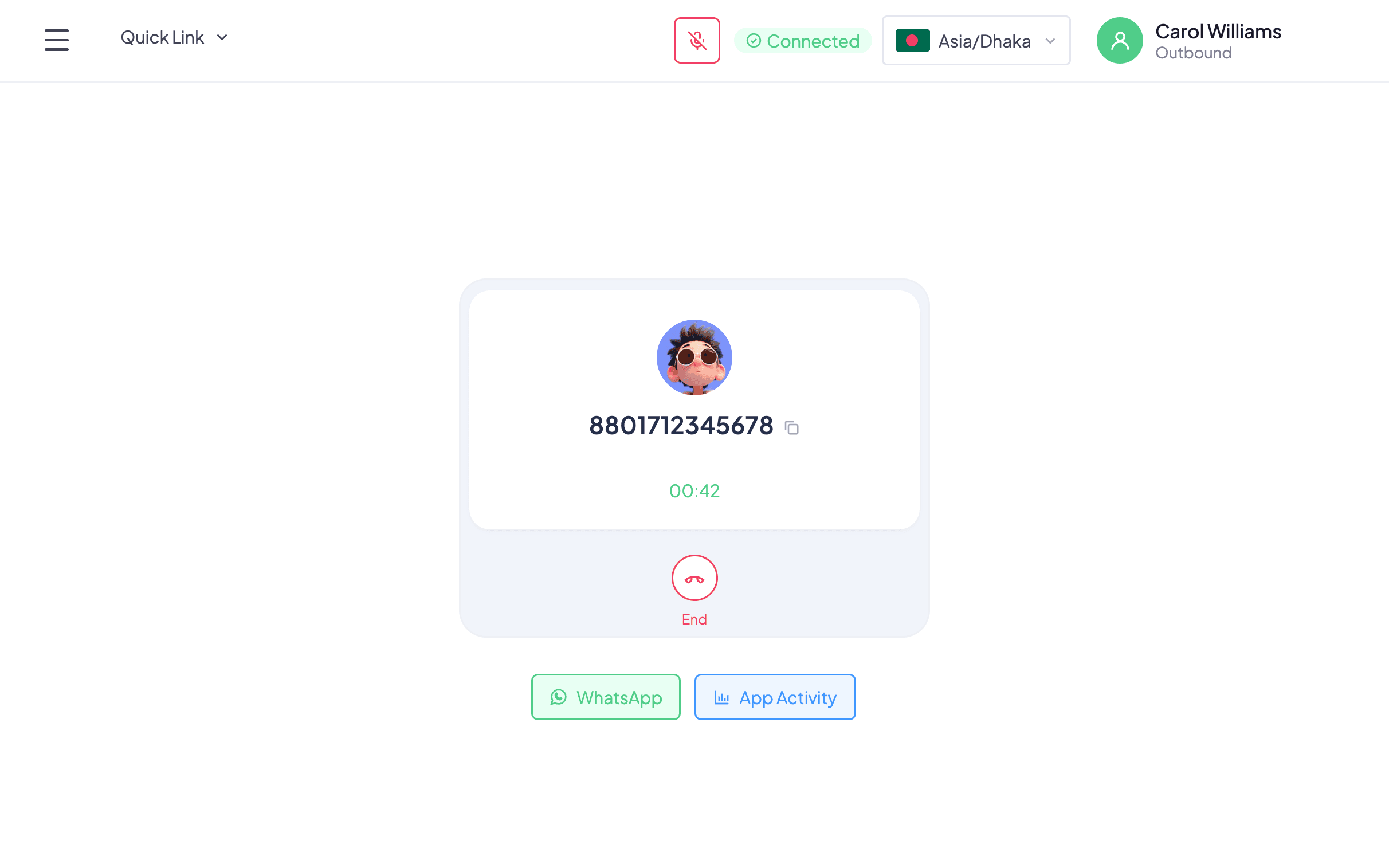 The CRM's outbound dialer during a call: number, timer, End button, WhatsApp and App Activity