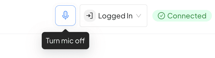 CRM header with the mic button, Logged In status and a green Connected badge