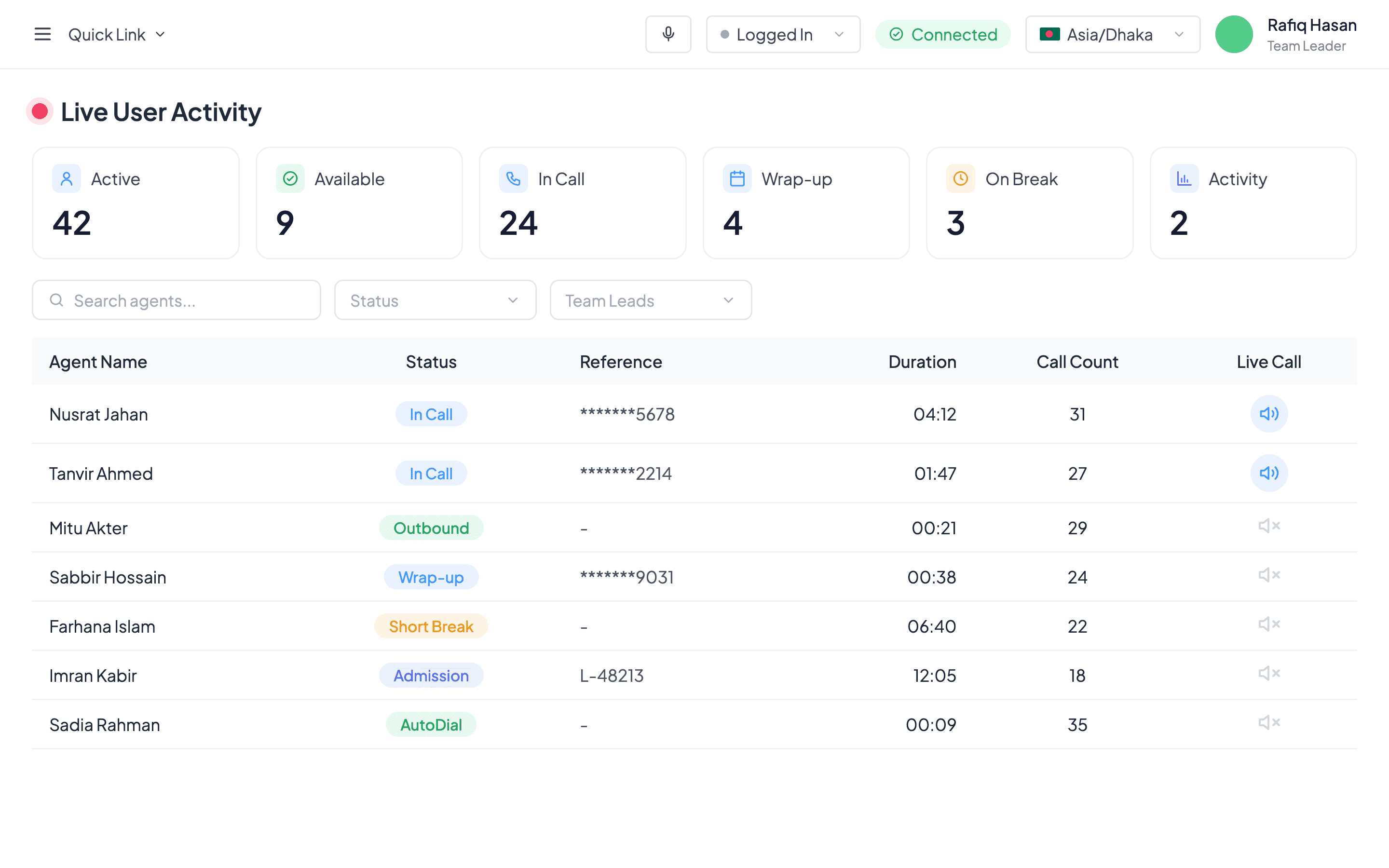 Live User Activity: status counts, then each agent's status, reference, live timer, call count and live call column