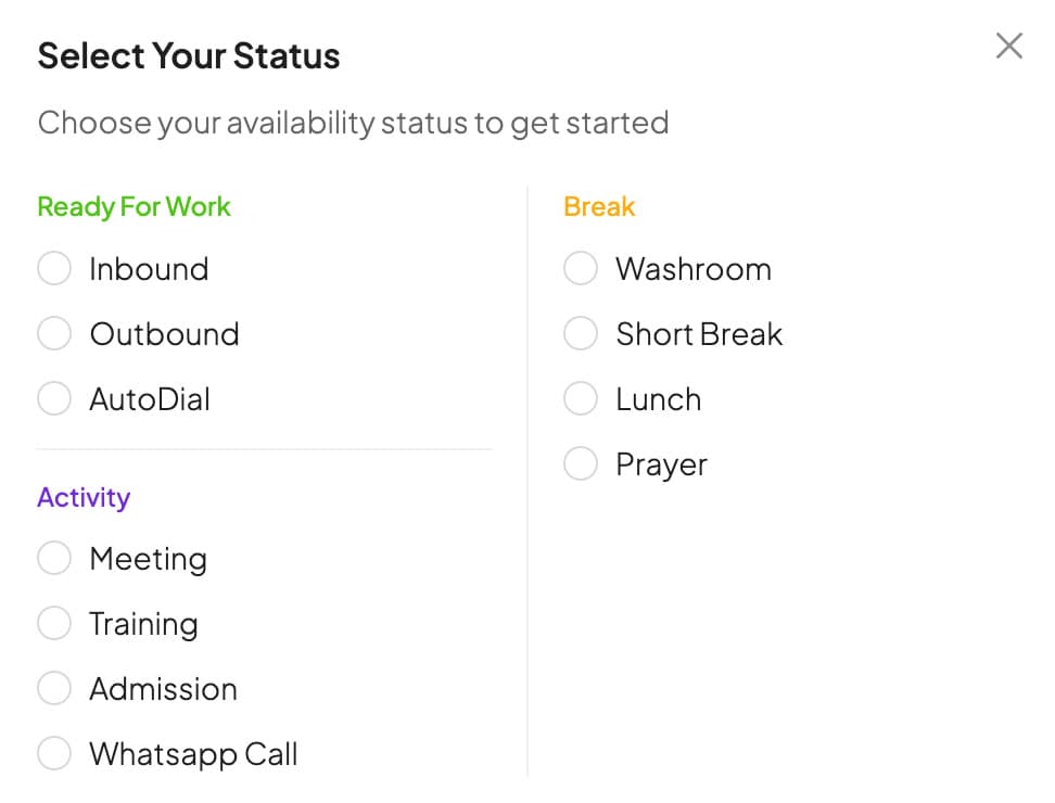 Select Your Status: Ready For Work (Inbound, Outbound, AutoDial), Break (Washroom, Short Break, Lunch, Prayer) and Activity (Meeting, Training, Admission, WhatsApp Call)