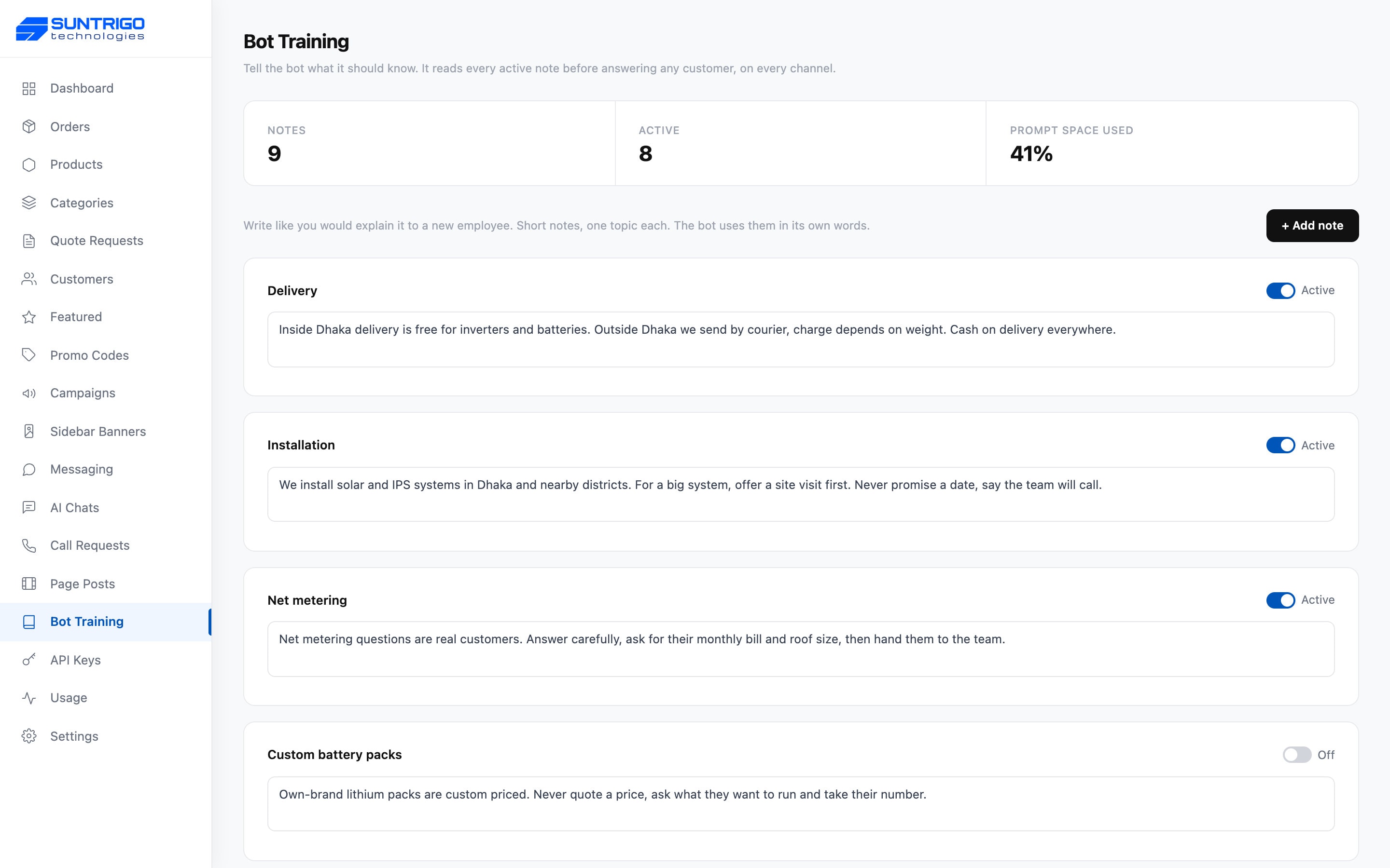 Admin Bot Training: short notes about delivery, installation and net metering, each switched on or off