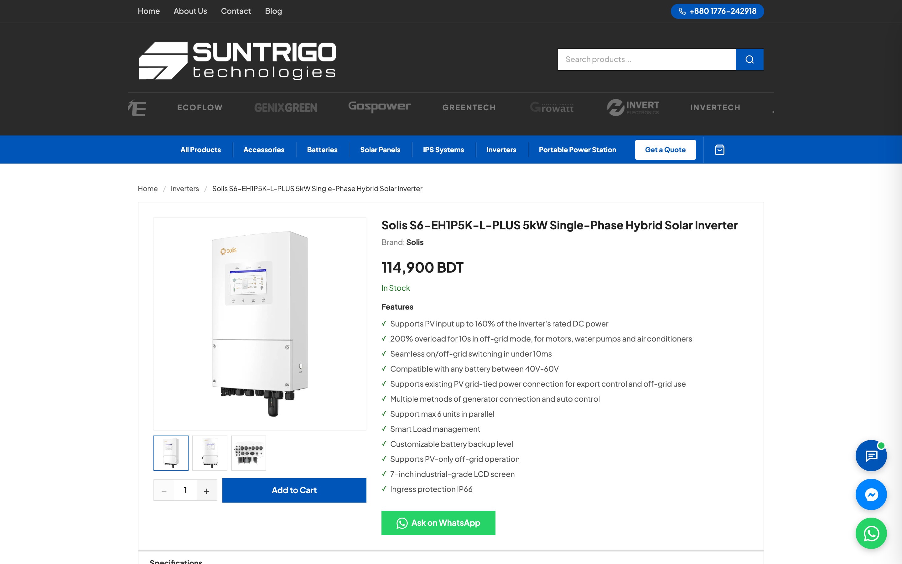 A Suntrigo product page: an inverter with price, stock, features, Add to Cart and Ask on WhatsApp